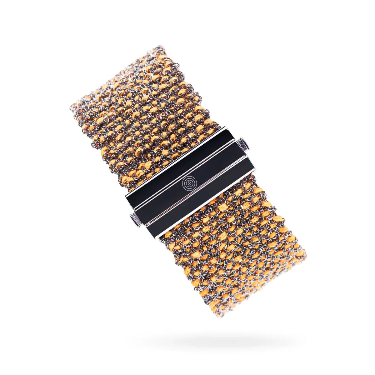 Woven 2.5cm wide bracelet black silver with orange neon thread - artisan woven design TrueMesh