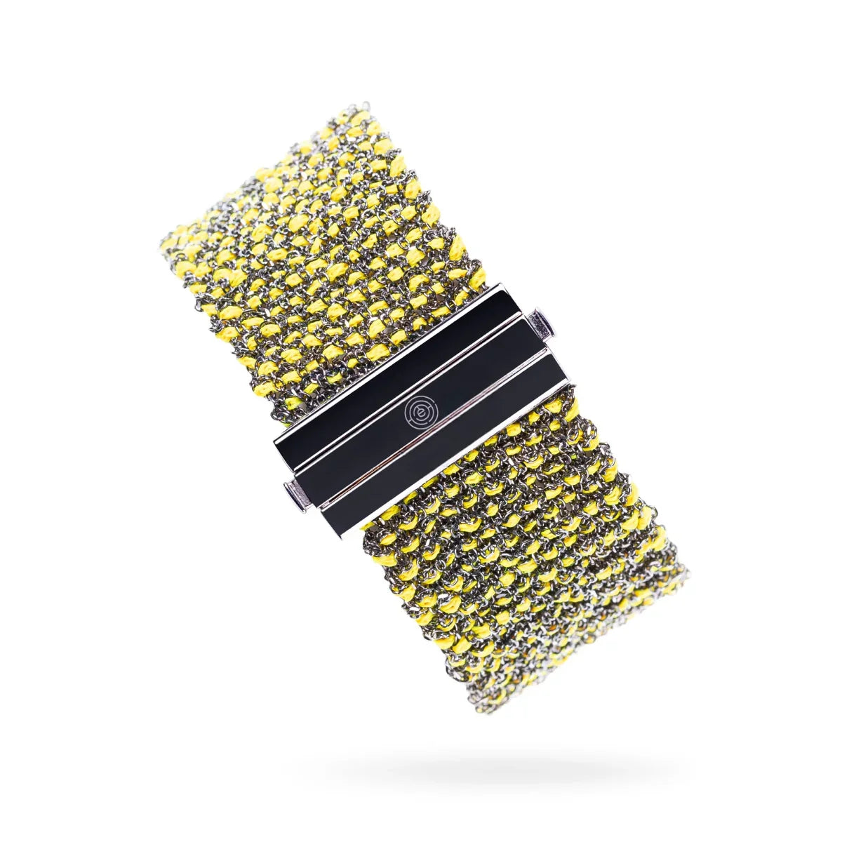 Woven 2.5cm wide bracelet black silver with yellow neon thread - statement jewelry TrueMesh