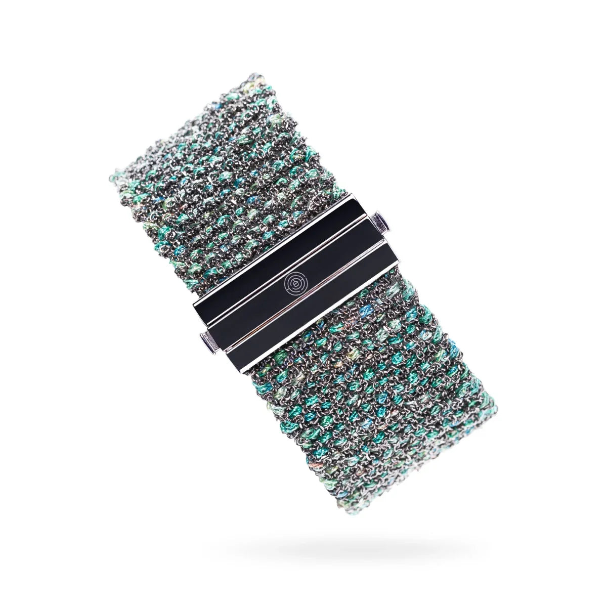 Woven 2.5cm wide bracelet black silver with green multicolor thread - Italian made TrueMesh